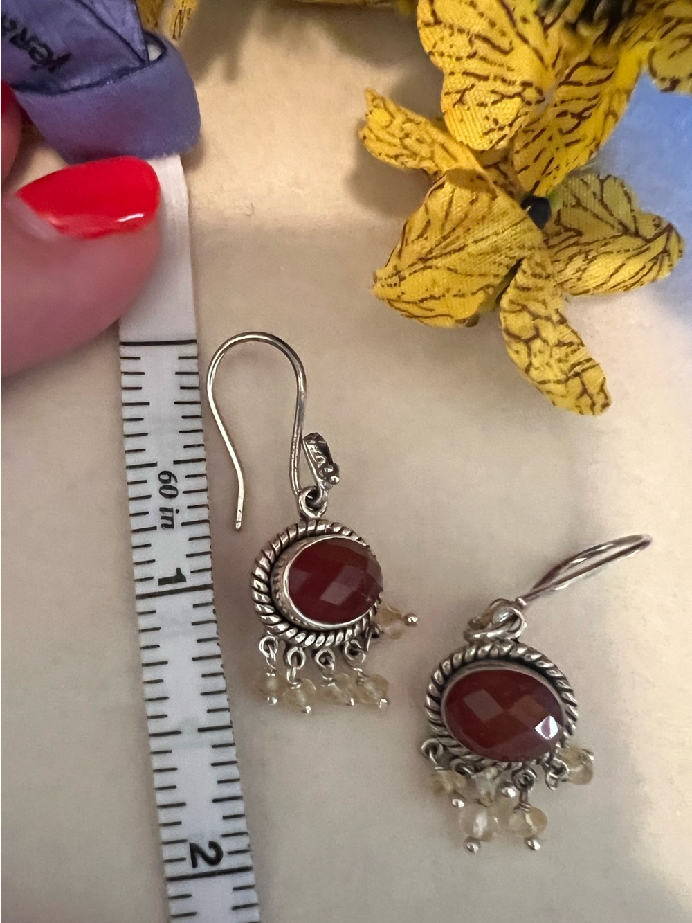 Sterling Silver Red Carnelian Dangle Earrings with Citrine Bead Fringe - Picture 5 of 5